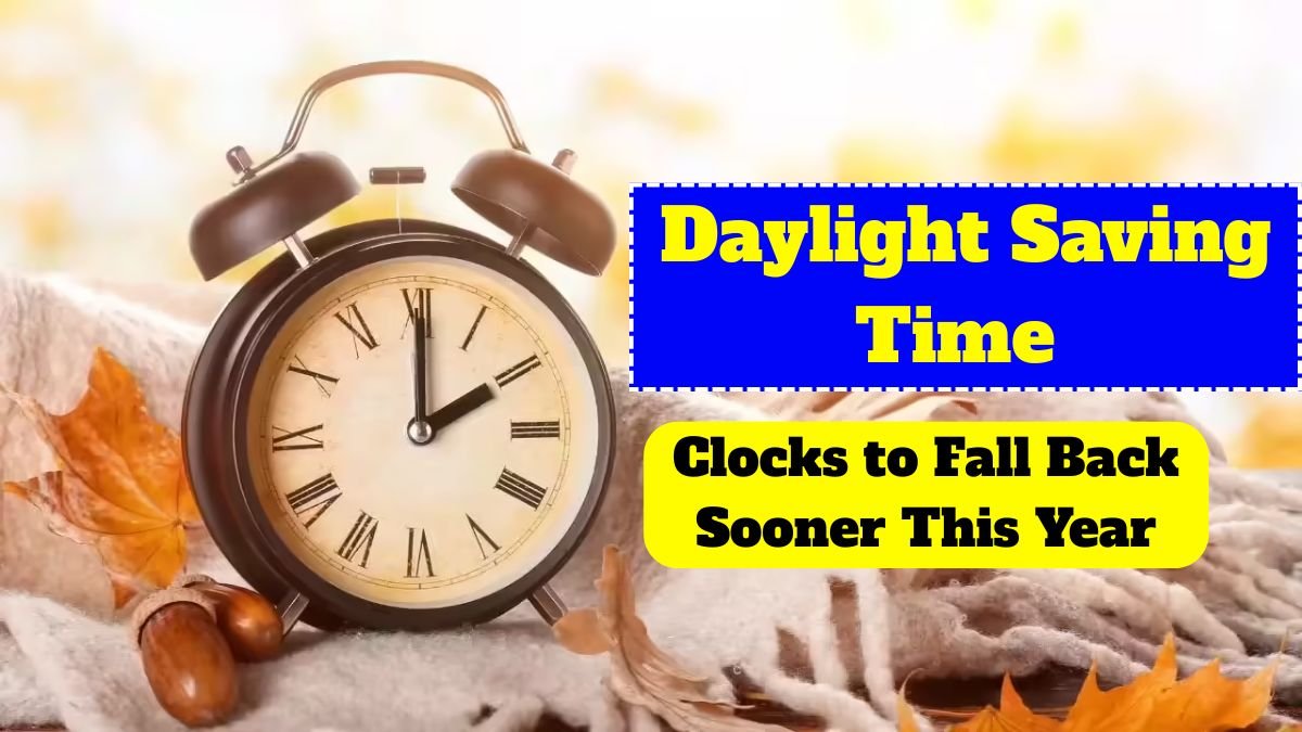 Main Visual Elements: Autumn Leaves: Incorporate vibrant fall foliage to symbolize the season. Analog Clock: Feature a classic clock showing the time "2:00 AM." Clock Hands: Depict the clock hands moving backward to emphasize the "fall back" concept. Text Overlay: Include bold text stating "Fall Back 2025" or "Clocks Fall Back Sooner!" Design Style: Color Palette: Utilize warm autumn tones like orange, red, and gold. Typography: Choose clear, bold fonts for readability. Layout: Ensure the clock and text are prominently displayed, with leaves subtly framing the image. Additional Elements (Optional): Calendar Icon: Add a small calendar icon with the date "October 26, 2025" marked. Time Zone Map: Include a faint outline of the U.S. time zones for context.